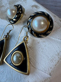Pair of Black Enamel & Faux Pearl Gold Tone Earrings