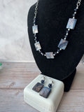 Blue Gray Shell Beaded Necklace & Earrings Set