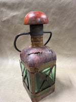 Italian Style Green Glass Decanter Wrapped In Leather With Handle READ DESCRIPTION