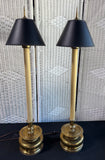 Pair of Chapman Cast Brass Buffet  Candlestick Lamps with Original Black Shades (WORKS)