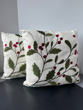 Pair of Holly Berry Embroidered Cream Throw Pillows