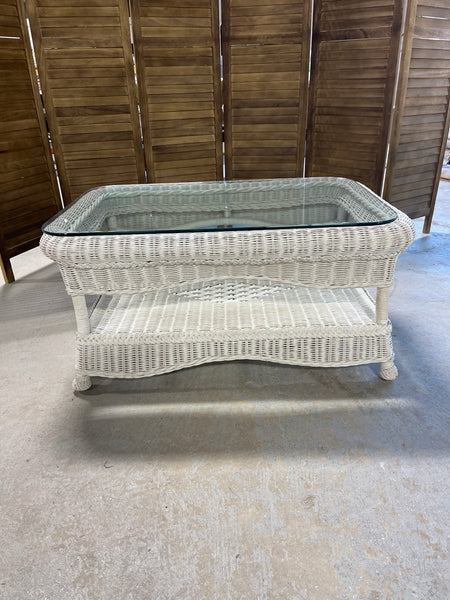 White Wicker Coffee Table with Glass Top