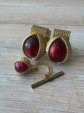 3-Piece Swank Vintage Red Dragon Eye Gold Tone Cufflinks & Tie Pin