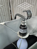 Pair of Modern Curved Chrome Lamps with Dusty Blue Shades (WORKS)