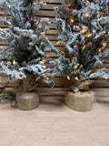 Flocked Light Up Christmas Trees In Burlap Sack - Pair WORKS (Not Fluffed All The Way)
