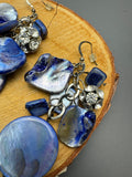 Blue Dyed Shell & Rhinestone Accented Silver Tone Cluster Drop Earrings