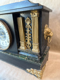 Black Marble Mantle Clock With Lion Head Handles NOT TESTED