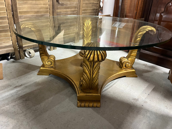 Vintage Lane Hollywood Regency Glass Top Coffee Table with Gold Base