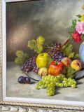 Still Life Print on Canvas of Fruit & Roses by A. Balieu; Signed