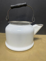 Vintage White Enamel Tea Kettle w/Wooden Handle *See Description