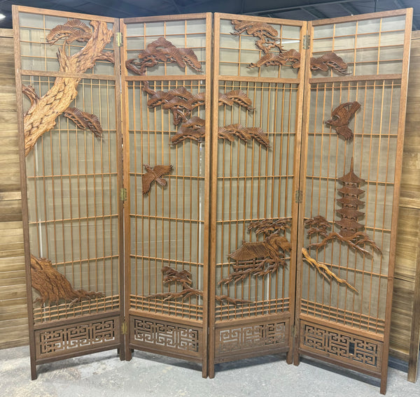 Asian Carved Wood & Mesh 4-Panel Folding Screen