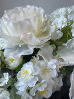 Assorted White Faux Florals in Silver Tone Textured Planter