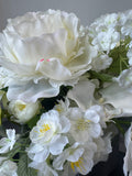 Assorted White Faux Florals in Silver Tone Textured Planter