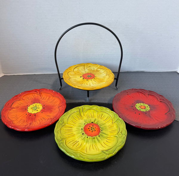 5-Piece Laurie Gates Poppy Flower Dessert Plates Set with Metal Caddy