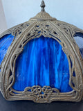 Art Nouveau Edward Miller Antique Brass & Blue Slag Glass Lamp Shade