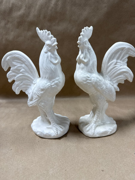 Pair Of White Ceramic Roosters
