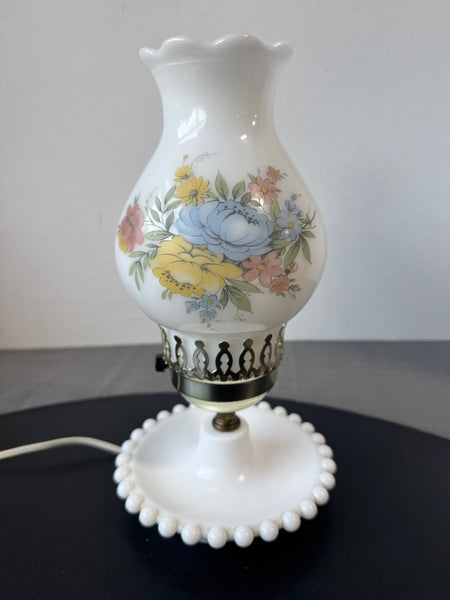 Floral Milk Glass Vintage Hurricane Accent Lamp (WORKS)