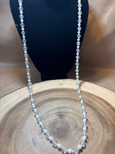 Long Clear & White Beaded Necklace
