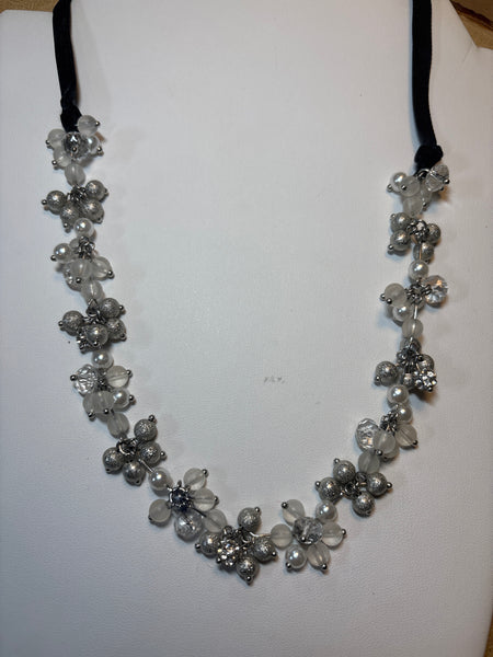 Festive Silver, Faux Pearl & Frosted Bead Necklace