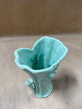 1940s McCoy Pottery teal green “Leaves and Berries” Handled Vase