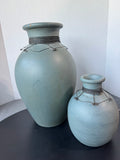 Pair of Heavyweight Gray Blue Pottery Vases with Wire Accents