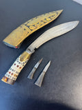 Nepal Vintage Khukri Knife with 2 Mini Knives and Leather & Gold Plate Sheath