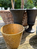 Gardening Basket and Four Small Plastic/Metal Planters