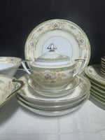 32-Noritake Japan N830 Green Rimmed Floral China Set