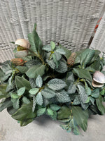 Faux Magnolia Bud & Greenery Arrangement in Textured Metal Planter