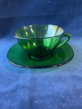 Vintage Vere Co France Green Glass Cups and Saucers, 7 Pieces