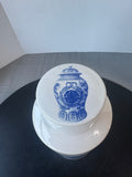 White Ceramic Lidded Temple Jar with Chinoiserie Emblems