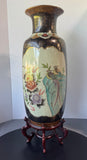 Japanese Satsuma Style Vintage Floral Birds Large Porcelain Vase with Wooden Stand (2 AVAILABLE—PRICED INDIVIDUALLY AT $65 EACH)