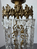 Pair of Antique Girandole Brass, Marble & Crystal Prism Candlesticks with Oil Lamp Conversion Inserts