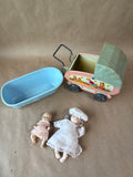 OHIO ART 1950's Lithograph Tin Doll Carriage - Comes With 2 Babies And Tub