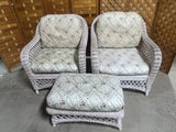 Cream Tone Wicker Pair of Chairs with Ottoman and Cushions