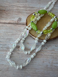 2-Piece Tropical Set: Long Iridescent Plastic Beaded Necklace with Lime Stretch Bracelet