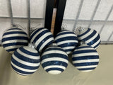 White and Glitter Blue Stripe Glass Ornaments. 7 pc