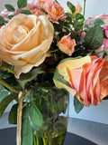 Faux Mixed Roses Arrangement in Glass Vase