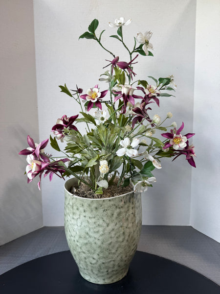 Faux Dogwoods & Columbine in Green Ceramic Planter