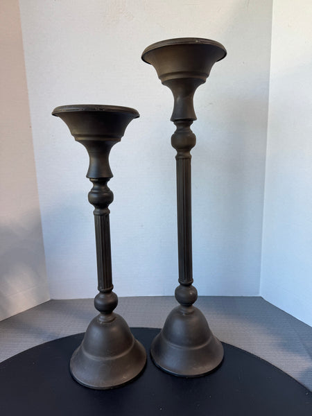 Pair of Bronzed Heavyweight Metal Tall Pillar Candlesticks