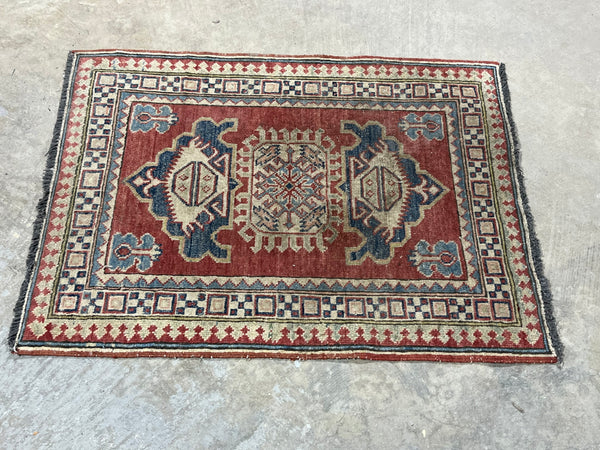 E-Hand Knotted Woollen Carpet, Coral/blue tones, 36"x27". Made in Pakistan.