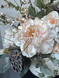 Faux Peony Arrangement in Magnolia Embossed Ceramic Planter