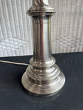 Pair of Baldwin Style Brushed Nickel Large Candlestick Table Lamps with Black Shades (WORKS)