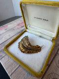 14K Gold Texture Detailed Vintage Feather Brooch in Box