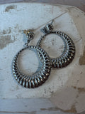 Trifari Vintage Silver Tone Ribbed Drop Hoop Earrings