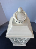 Cream Botanical Scroll Heavyweight Metal Lantern with Flameless Candle (WORKS)