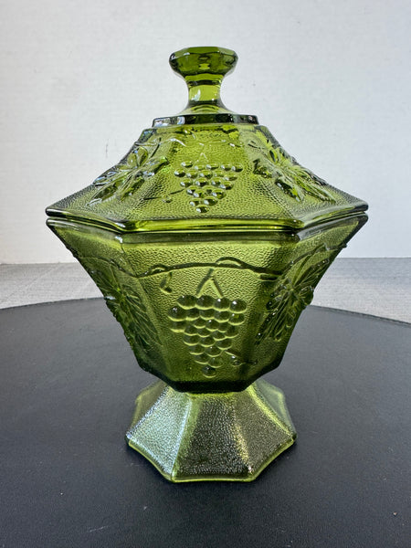 Green Anchor Hocking Vintage Grape & Leaf Glass Covered Candy Dish