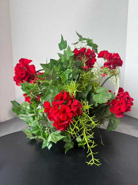 Faux Geranium Arrangement in Mossy Basket