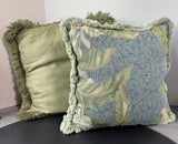 Botanical Tapestry & Solid Green Fringed Throw Pillows
