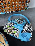 Vera Bradley Blue Bali Tiki Tote Bag with Matching Large Flip Flops & Luggage Tag